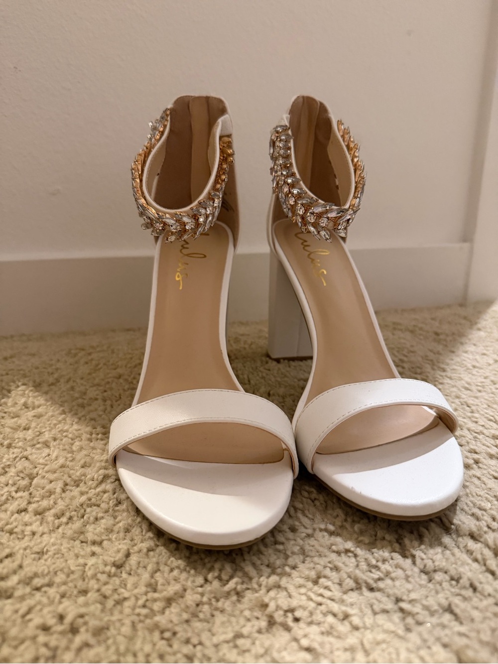 Lulu's White Block Heel Sandals with Jeweled Ankle Cuff